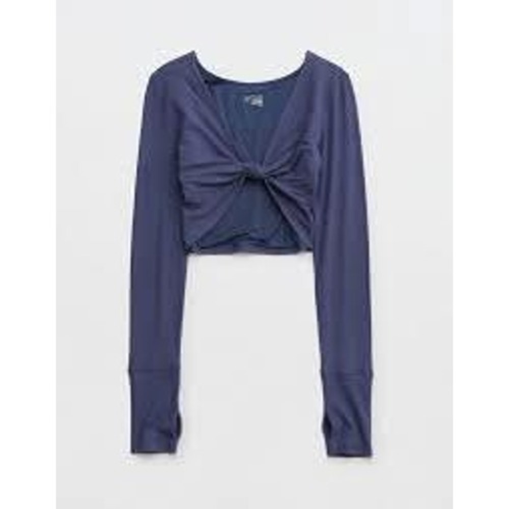 OFFLINE by Aerie Thumbs Up Bow Crop Top Womens Large Blue Ribbed Long Sleeve